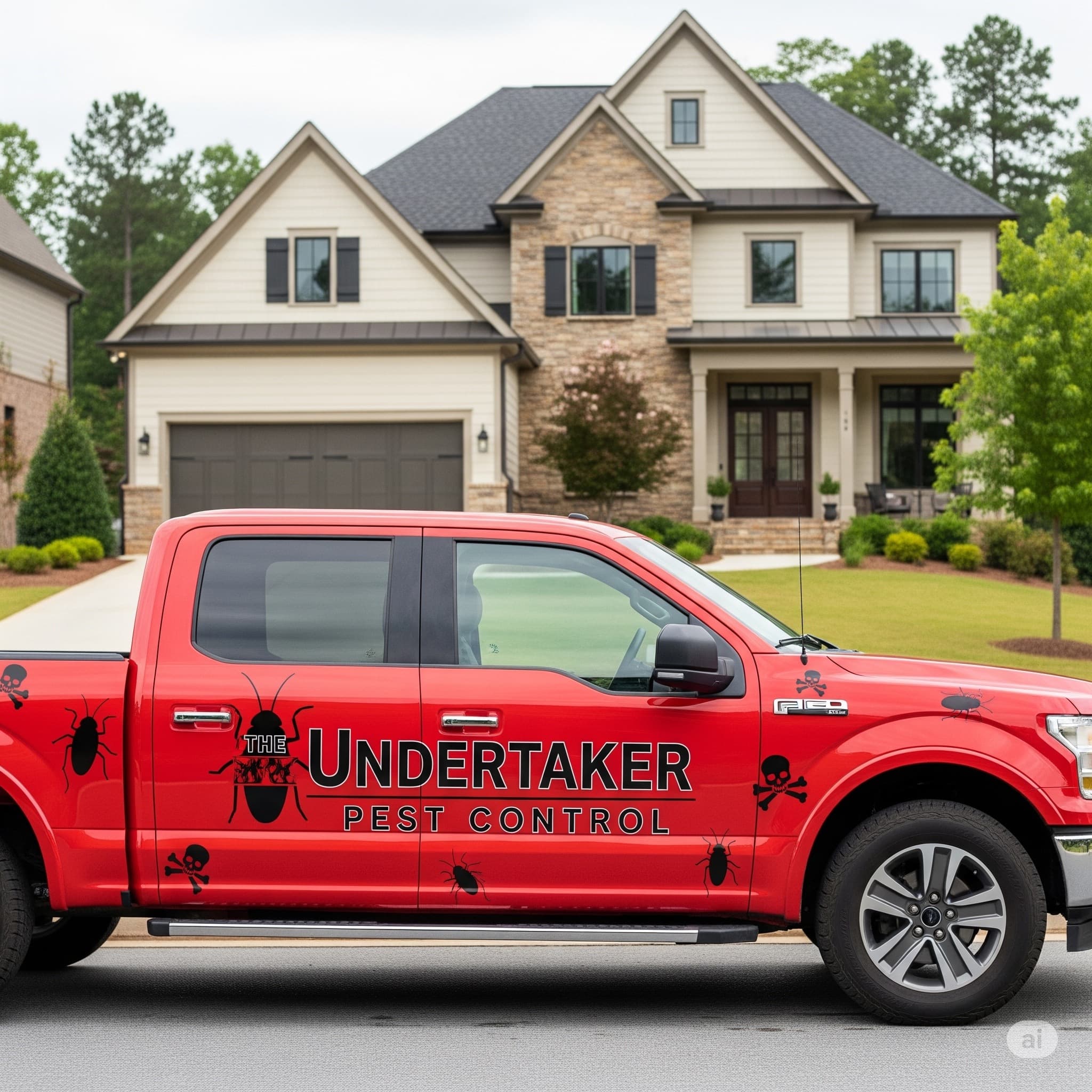 The Undertaker Pest Control truck parked in front of a Metro Atlanta home